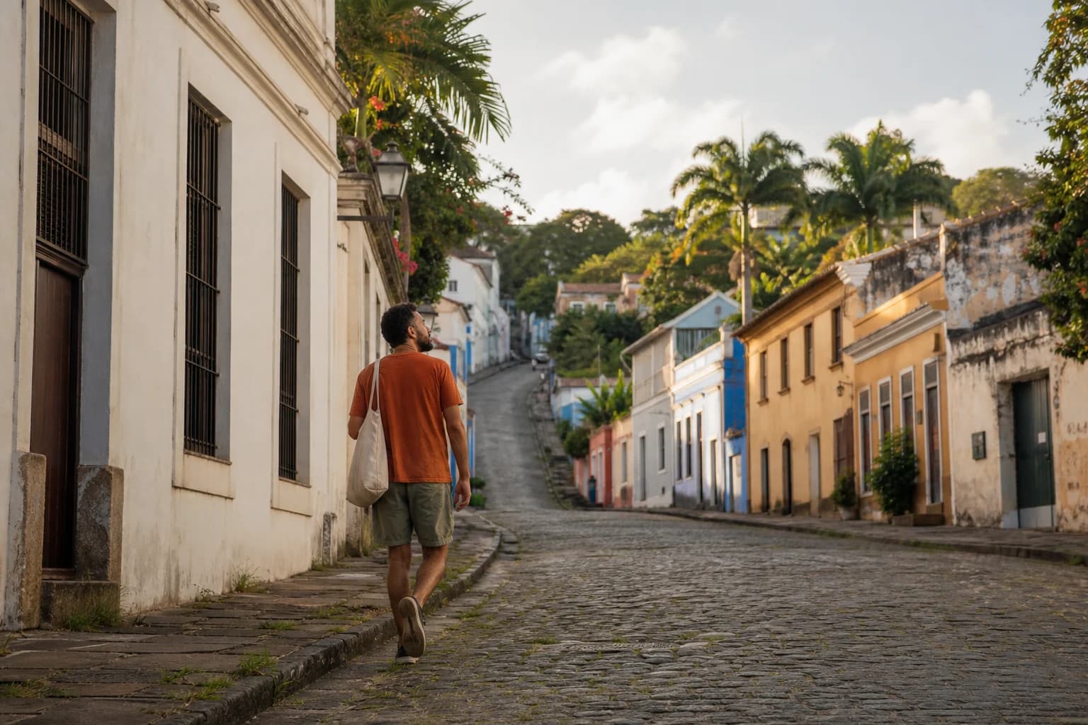 Pessoa recém-chegada caminhando por uma rua de ladeira em Olinda
