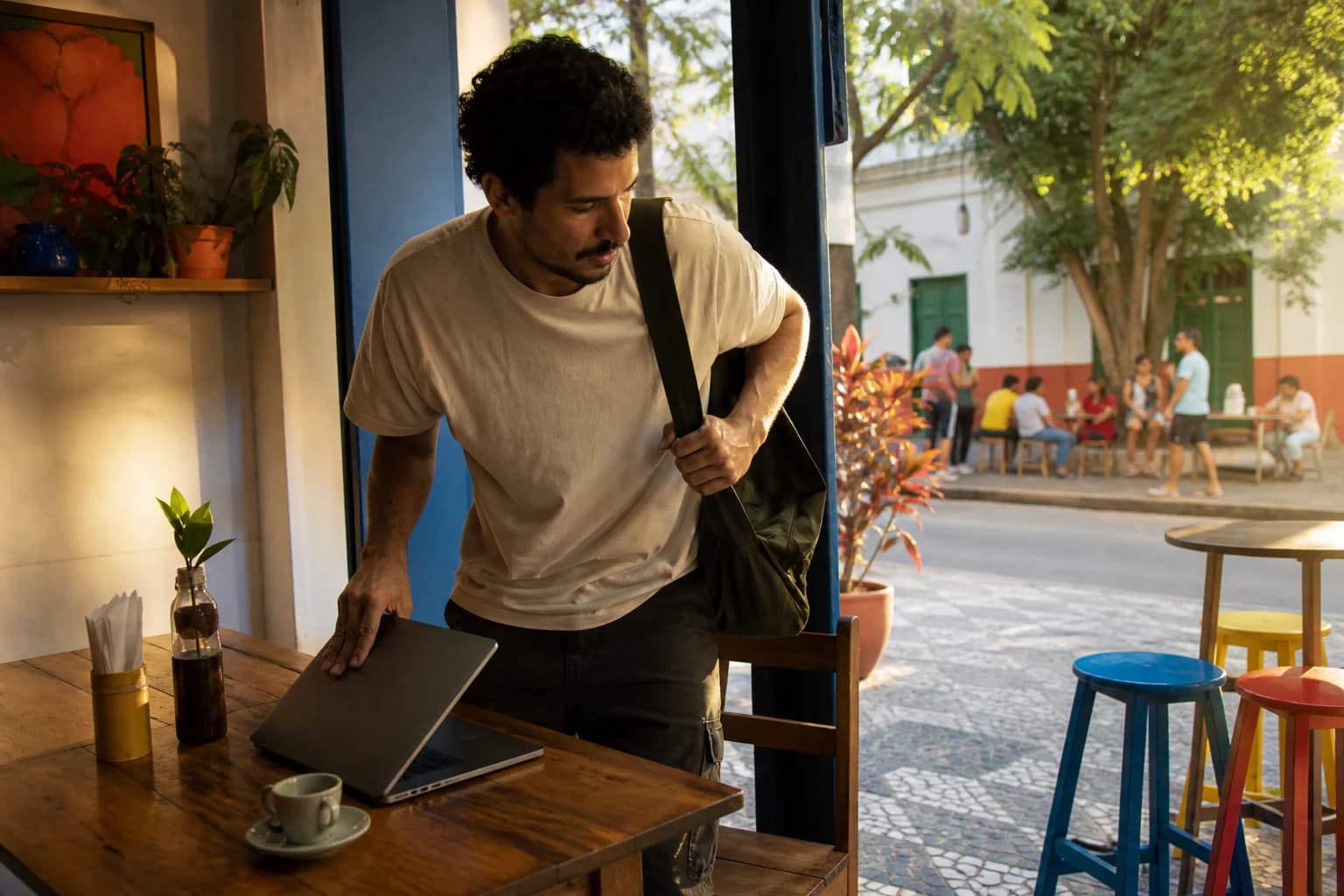Pessoa fechando o notebook e saindo de um café ao fim da tarde
